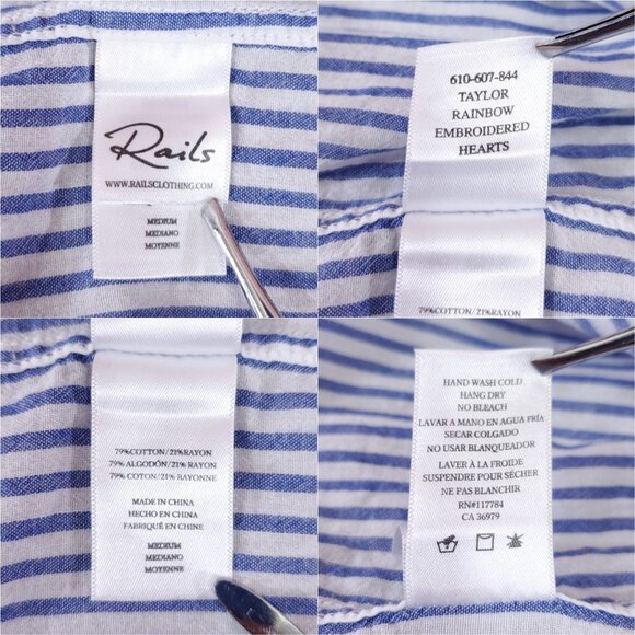 Rails Taylor Blue White Striped Shirt Womens Medium Rainbow Embroidered Hearts - Picture 13 of 15